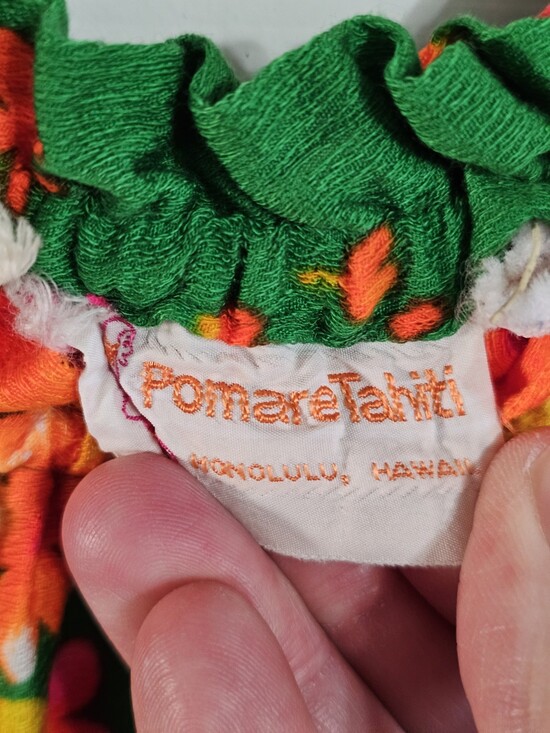 Vintage Pomare Tahiti Hawaiian Maxi Dress Green Hibiscus Puff Sleeve S/M 60s 70s - Picture 4 of 6